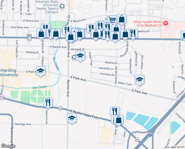map of restaurants, bars, coffee shops, grocery stores, and more near 125 Choctaw Drive in Searcy