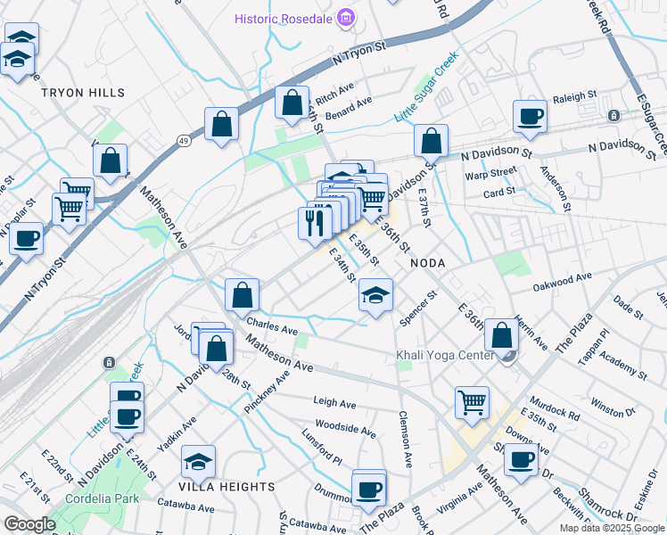map of restaurants, bars, coffee shops, grocery stores, and more near 3040 Yadkin Avenue in Charlotte