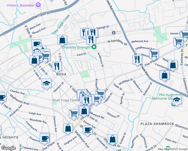 map of restaurants, bars, coffee shops, grocery stores, and more near 922 Academy Street in Charlotte