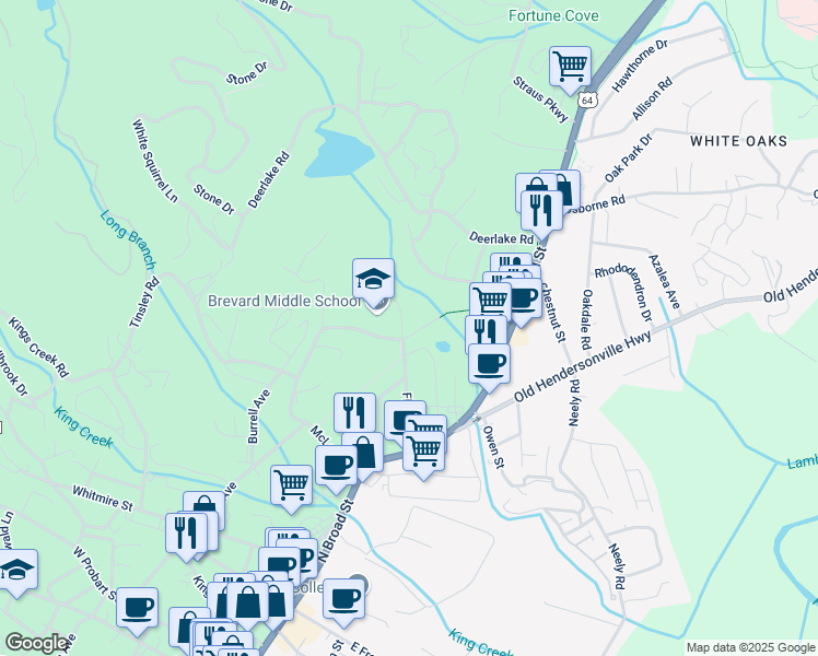 map of restaurants, bars, coffee shops, grocery stores, and more near 29 Poplar Street in Brevard