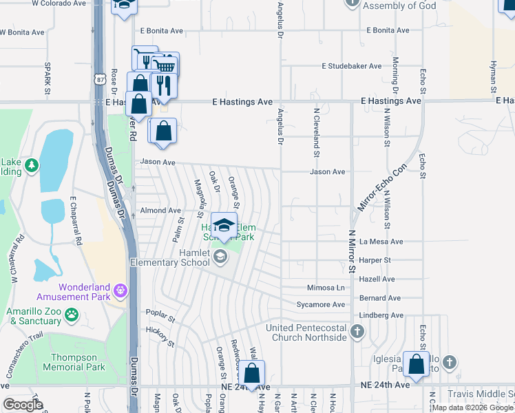 map of restaurants, bars, coffee shops, grocery stores, and more near 3133 Walnut Street in Amarillo