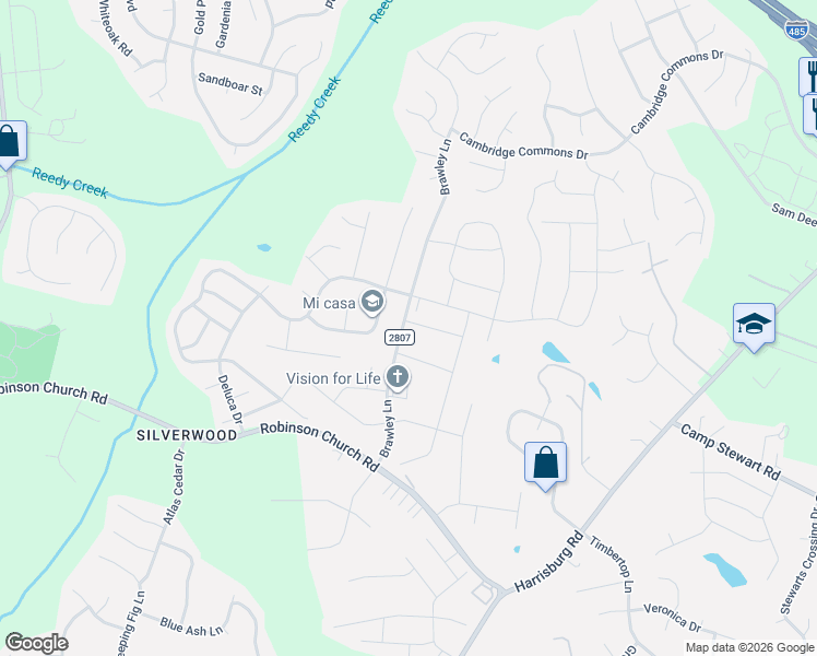 map of restaurants, bars, coffee shops, grocery stores, and more near 8514 Mansell Court in Charlotte