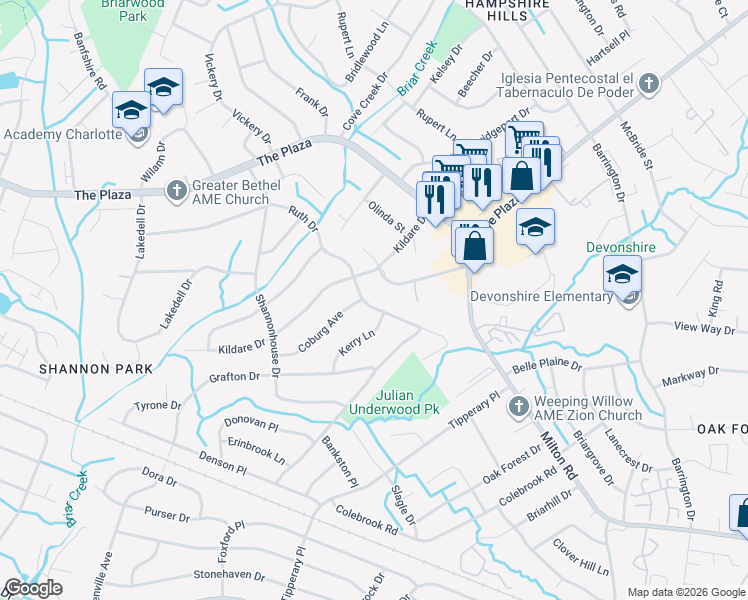 map of restaurants, bars, coffee shops, grocery stores, and more near 5725 Ruth Drive in Charlotte