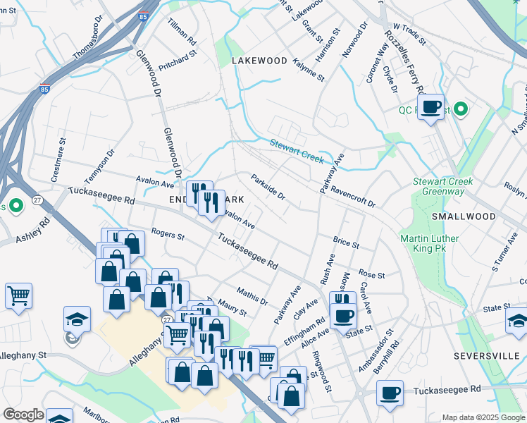 map of restaurants, bars, coffee shops, grocery stores, and more near 1003 McQuay Street in Charlotte