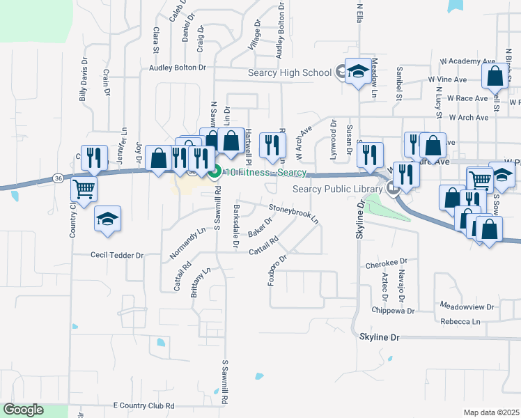 map of restaurants, bars, coffee shops, grocery stores, and more near 21 Stoneybrook Lane in Searcy
