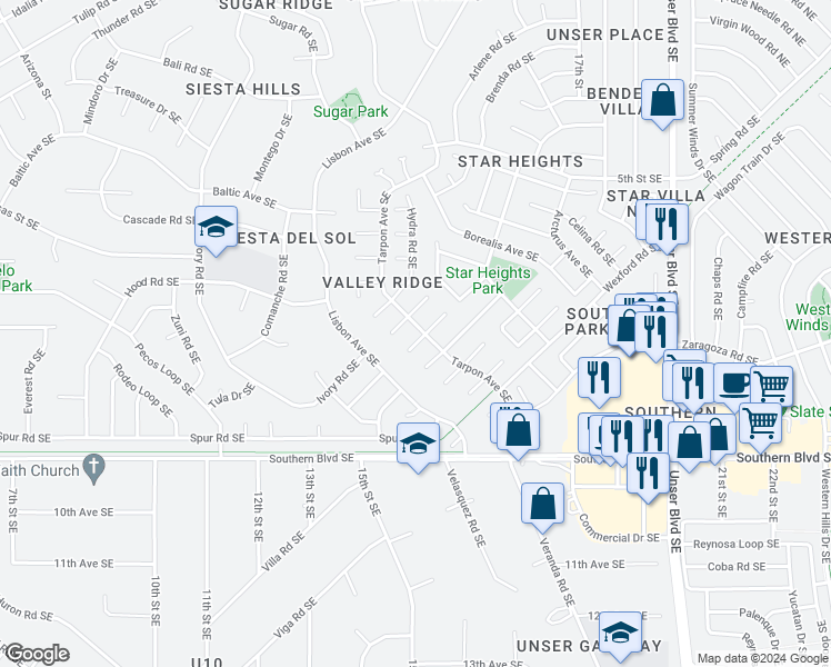 map of restaurants, bars, coffee shops, grocery stores, and more near 1411 Ponderosa Court Southeast in Rio Rancho