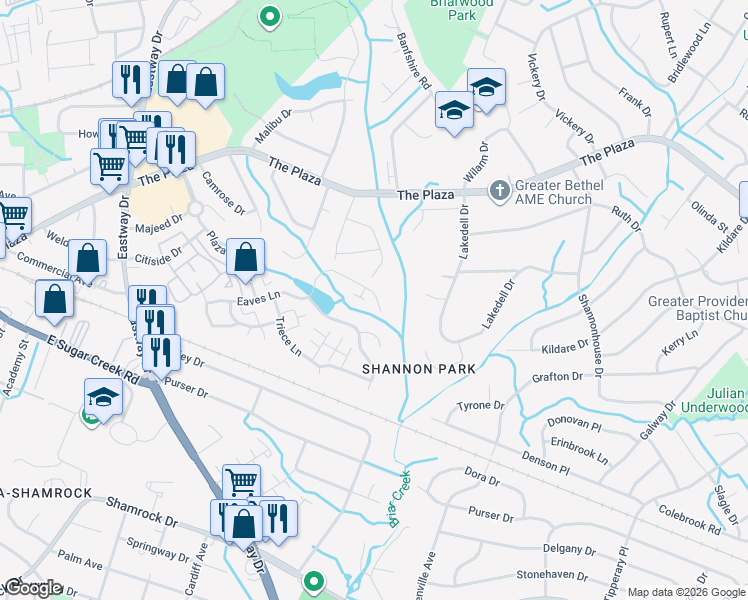 map of restaurants, bars, coffee shops, grocery stores, and more near 4826 Eaves Lane in Charlotte