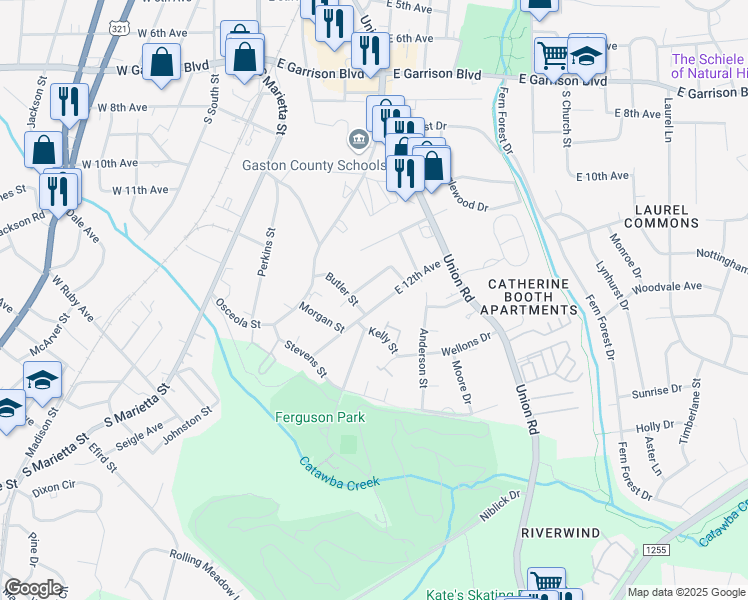 map of restaurants, bars, coffee shops, grocery stores, and more near 614 East 12th Avenue in Gastonia