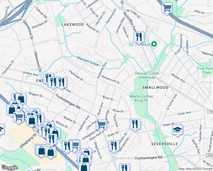 map of restaurants, bars, coffee shops, grocery stores, and more near 2901 Lake Avenue in Charlotte