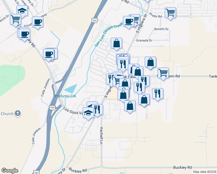 map of restaurants, bars, coffee shops, grocery stores, and more near 92 Mariposa Drive in San Luis Obispo