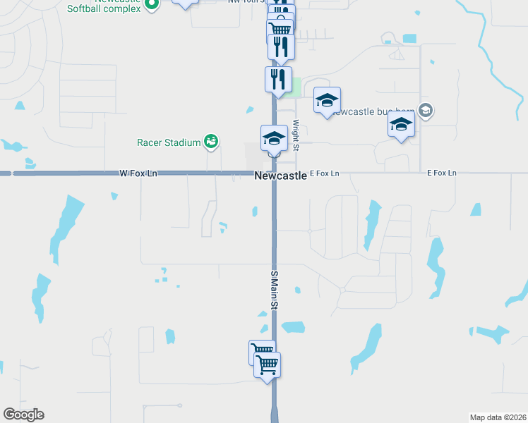 map of restaurants, bars, coffee shops, grocery stores, and more near 201 South Main Street in Newcastle