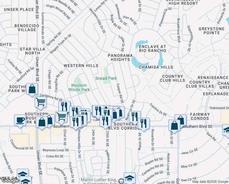 map of restaurants, bars, coffee shops, grocery stores, and more near 758 Snead Loop Southeast in Rio Rancho