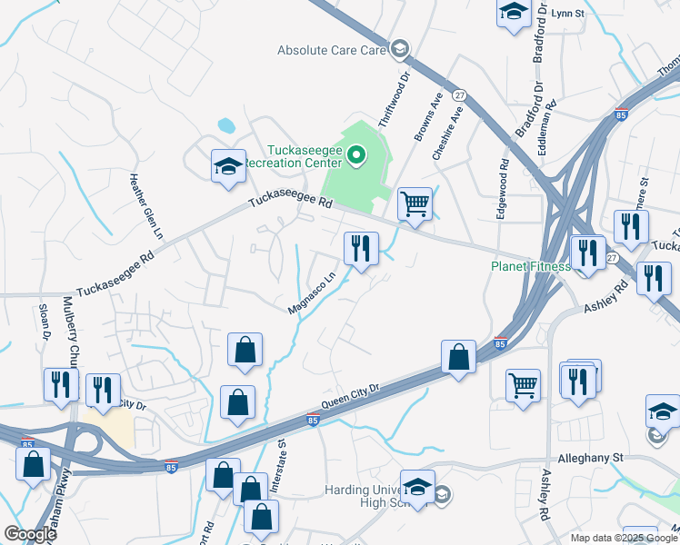 map of restaurants, bars, coffee shops, grocery stores, and more near 4811 Magnasco Lane in Charlotte