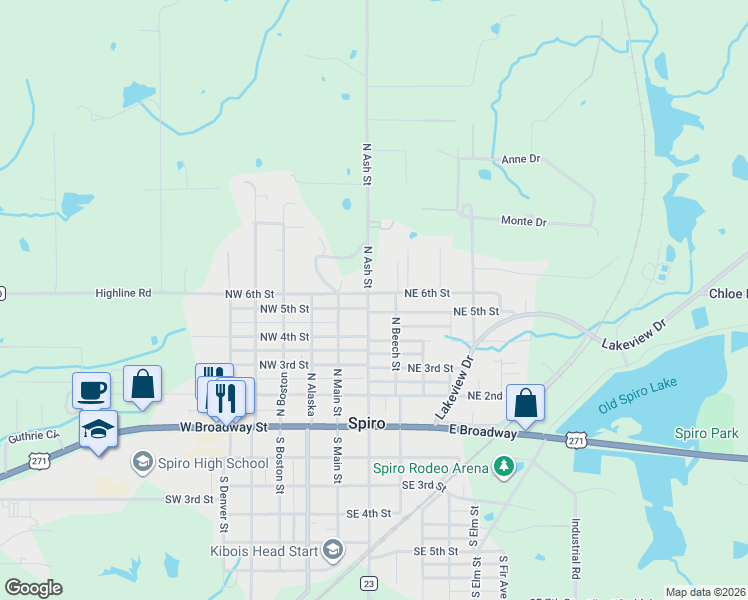 map of restaurants, bars, coffee shops, grocery stores, and more near 509 North Ash Street in Spiro
