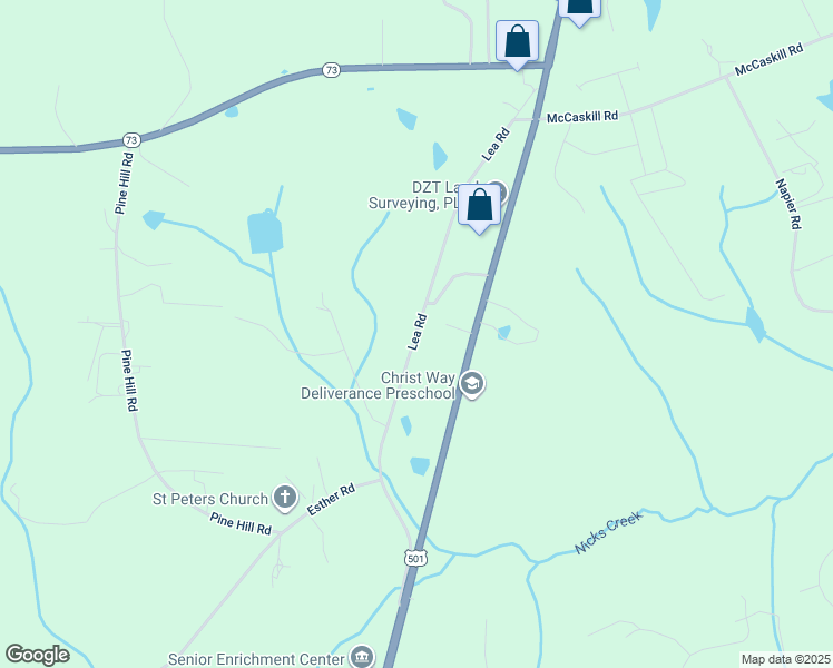 map of restaurants, bars, coffee shops, grocery stores, and more near Lea Road in Moore County