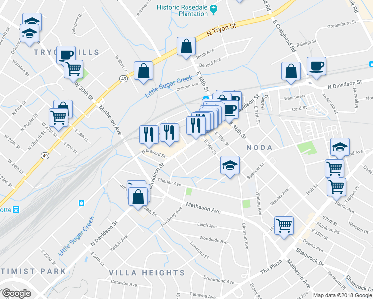 map of restaurants, bars, coffee shops, grocery stores, and more near 3006 North Davidson Street in Charlotte