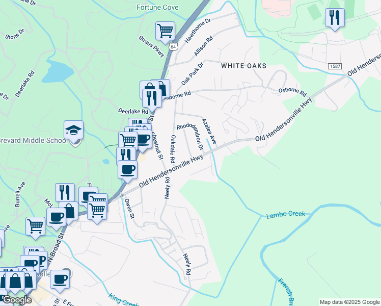 map of restaurants, bars, coffee shops, grocery stores, and more near 139 Highland Road in Brevard