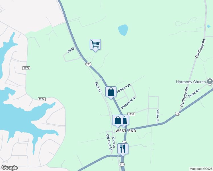 map of restaurants, bars, coffee shops, grocery stores, and more near North Carolina 211 in Seven Lakes