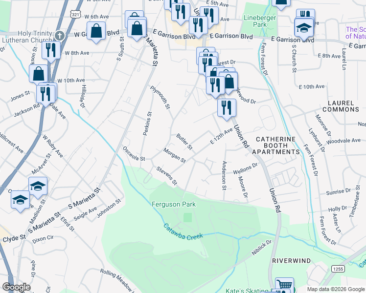 map of restaurants, bars, coffee shops, grocery stores, and more near 505 Butler Court in Gastonia