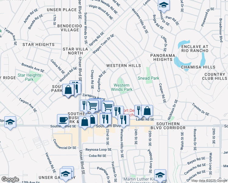 map of restaurants, bars, coffee shops, grocery stores, and more near 778 Western Hills Drive Northeast in Rio Rancho