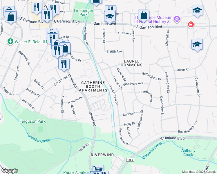 map of restaurants, bars, coffee shops, grocery stores, and more near 1317 Fern Forest Drive in Gastonia