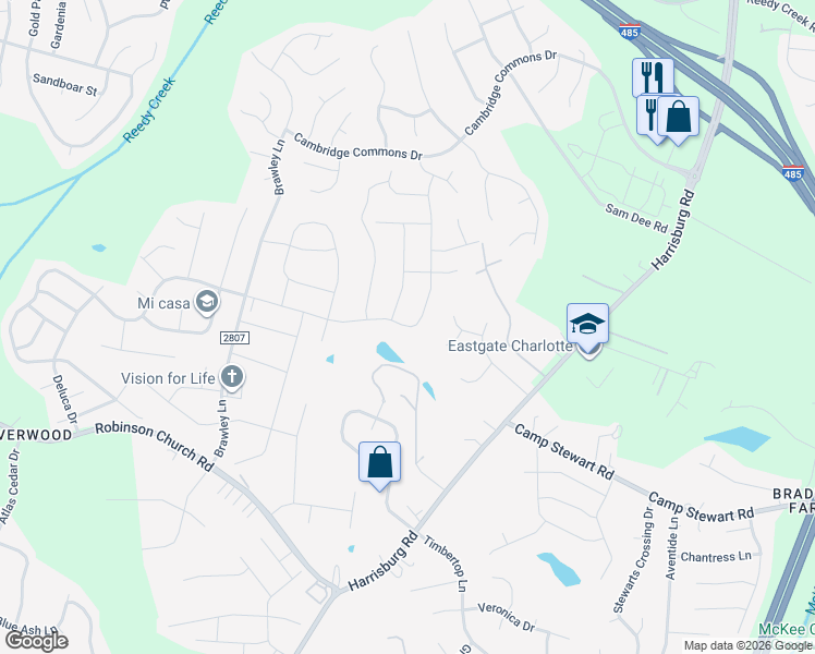 map of restaurants, bars, coffee shops, grocery stores, and more near 10642 Bradstreet Commons Way in Charlotte