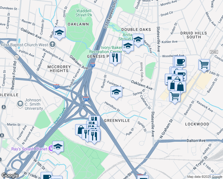 map of restaurants, bars, coffee shops, grocery stores, and more near 1241 Spring Street in Charlotte