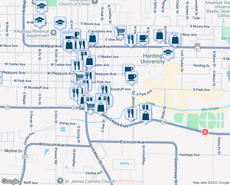 map of restaurants, bars, coffee shops, grocery stores, and more near 503 East Woodruff Avenue in Searcy