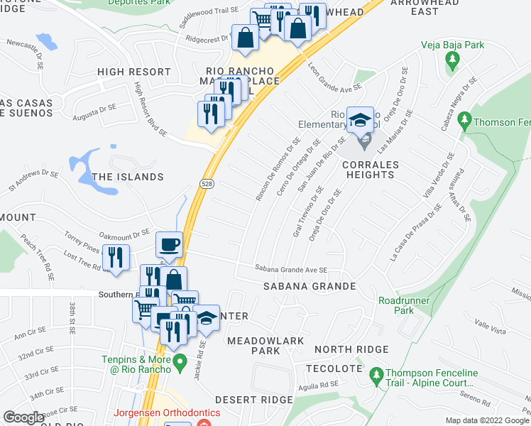 map of restaurants, bars, coffee shops, grocery stores, and more near 701 Cerro De Ortega Drive Southeast in Rio Rancho