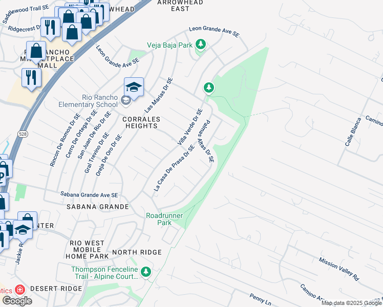 map of restaurants, bars, coffee shops, grocery stores, and more near 614 La Casa De Prasa Drive Southeast in Rio Rancho