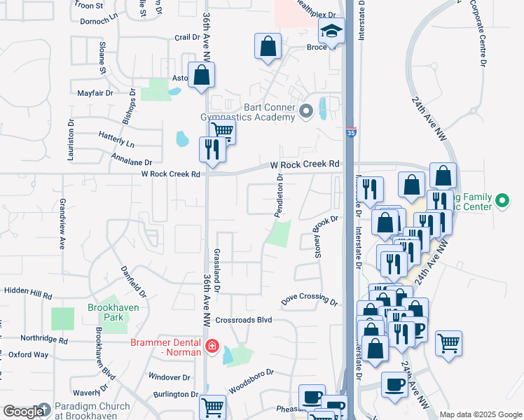 map of restaurants, bars, coffee shops, grocery stores, and more near 3417 Buckhorn Drive in Norman