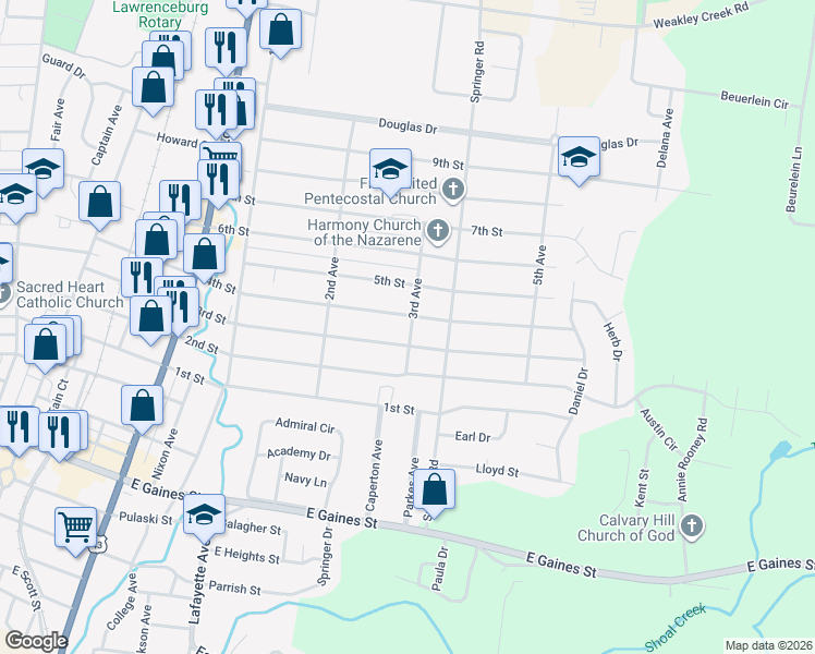 map of restaurants, bars, coffee shops, grocery stores, and more near 605 3rd Avenue in Lawrenceburg