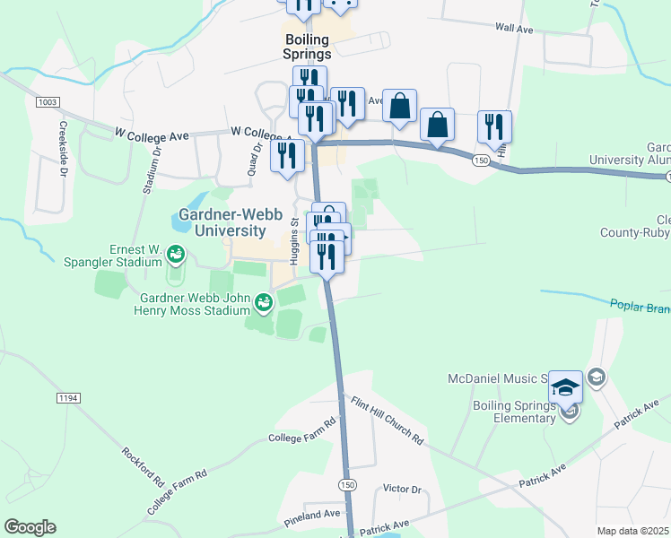 map of restaurants, bars, coffee shops, grocery stores, and more near 215 South Main Street in Shelby