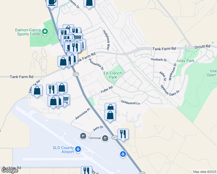 map of restaurants, bars, coffee shops, grocery stores, and more near 976 Fuller Road in San Luis Obispo