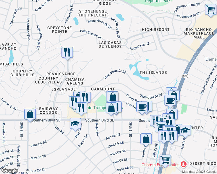 map of restaurants, bars, coffee shops, grocery stores, and more near 3604 Oakmount Drive Southeast in Rio Rancho