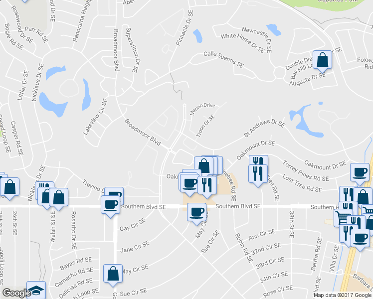 map of restaurants, bars, coffee shops, grocery stores, and more near 3317 Esplanade Circle Southeast in Rio Rancho