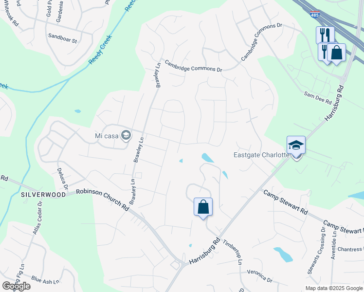 map of restaurants, bars, coffee shops, grocery stores, and more near 5920 Ellimar Field Lane in Charlotte