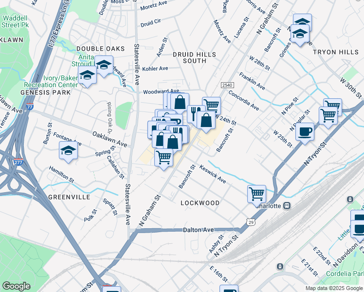 map of restaurants, bars, coffee shops, grocery stores, and more near 1701 North Graham Street in Charlotte