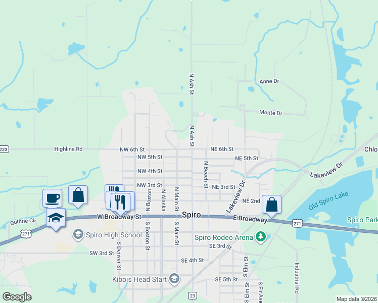 map of restaurants, bars, coffee shops, grocery stores, and more near 509 North Ash Street in Spiro