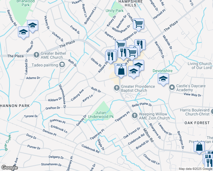 map of restaurants, bars, coffee shops, grocery stores, and more near 1909 Delaware Drive in Charlotte