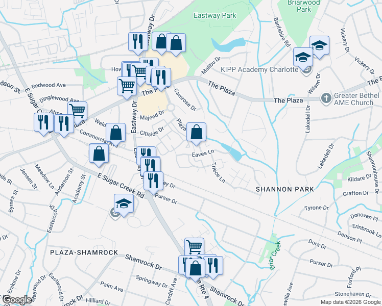 map of restaurants, bars, coffee shops, grocery stores, and more near 4405 Eaves Lane in Charlotte