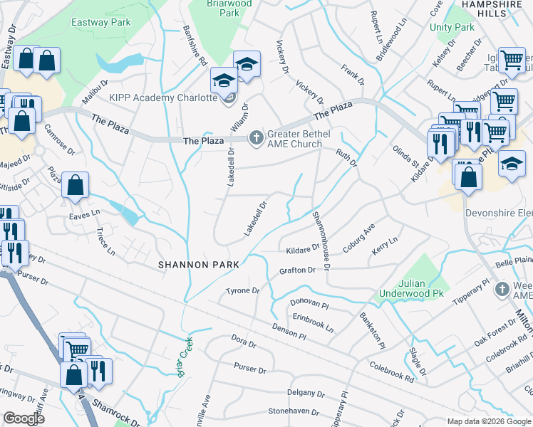 map of restaurants, bars, coffee shops, grocery stores, and more near 1810 Lakedell Drive in Charlotte
