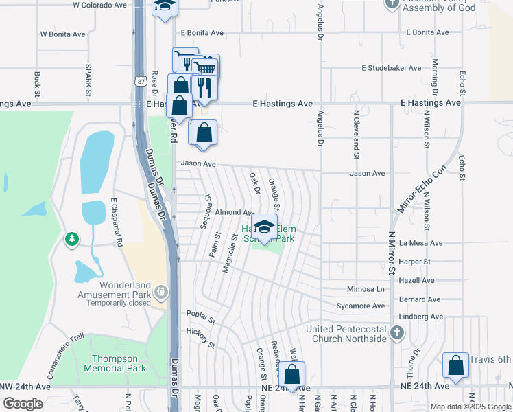 map of restaurants, bars, coffee shops, grocery stores, and more near 3103 Oak Drive in Amarillo
