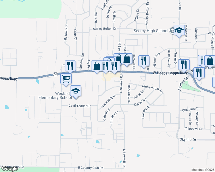 map of restaurants, bars, coffee shops, grocery stores, and more near 410 South Sherwood Drive in Searcy