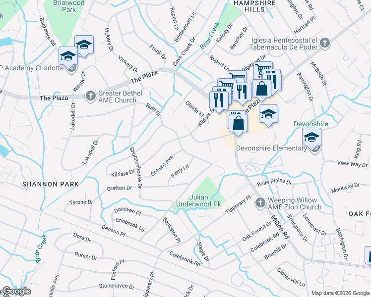 map of restaurants, bars, coffee shops, grocery stores, and more near 5725 Ruth Drive in Charlotte