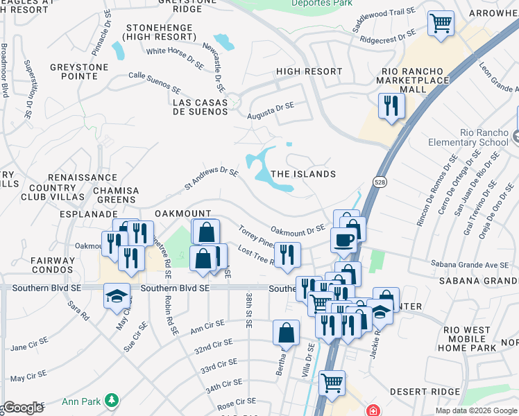 map of restaurants, bars, coffee shops, grocery stores, and more near 3810 Saint Andrews Drive Southeast in Rio Rancho