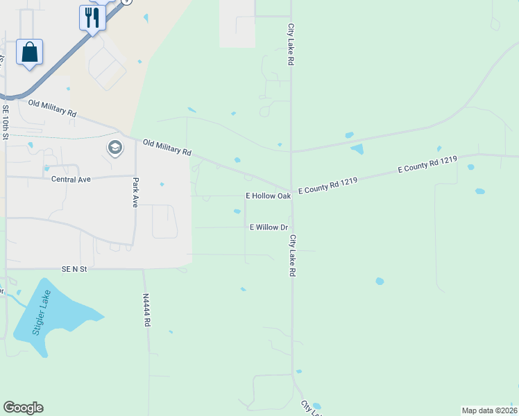 map of restaurants, bars, coffee shops, grocery stores, and more near 1106 Maple Lane in Stigler