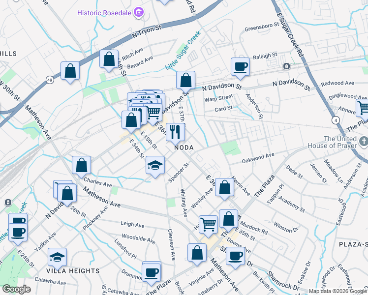 map of restaurants, bars, coffee shops, grocery stores, and more near in Charlotte
