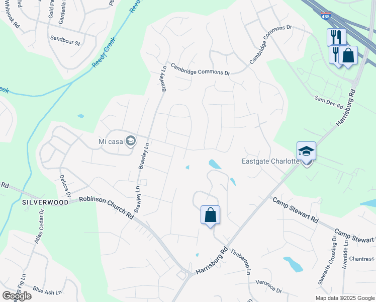 map of restaurants, bars, coffee shops, grocery stores, and more near 5920 Ellimar Field Lane in Charlotte