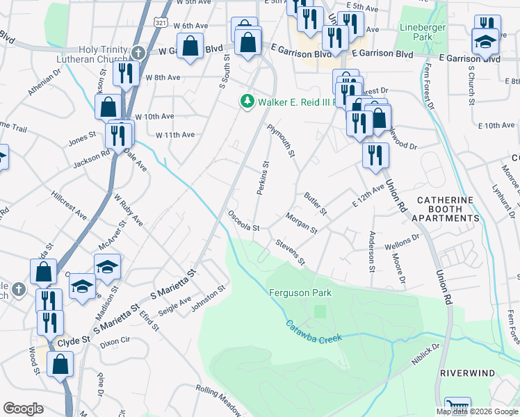 map of restaurants, bars, coffee shops, grocery stores, and more near 1252 Perkins Street in Gastonia